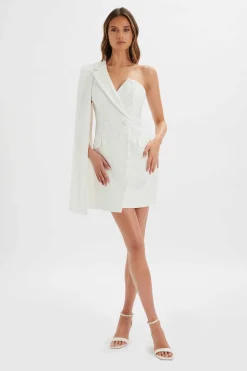Marcy Crystal Embellished One Shoulder Cape Blazer Dress In White<Lavish Alice Sale