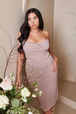 Maria Curve Cowl Front Bandeau Midi Pencil Dress In Stone<Lavish Alice Hot