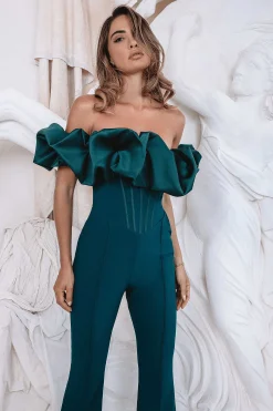 Mariah Satin Mix Puff Bardot Jumpsuit In Emerald Green<Lavish Alice Sale