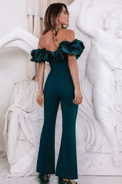 Mariah Satin Mix Puff Bardot Jumpsuit In Emerald Green<Lavish Alice Sale