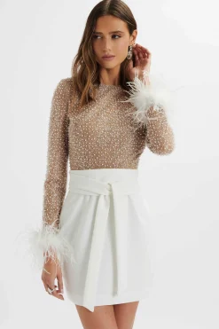Medina Pearl Embellished Feather Cuff Mini Dress In White<Lavish Alice Cheap