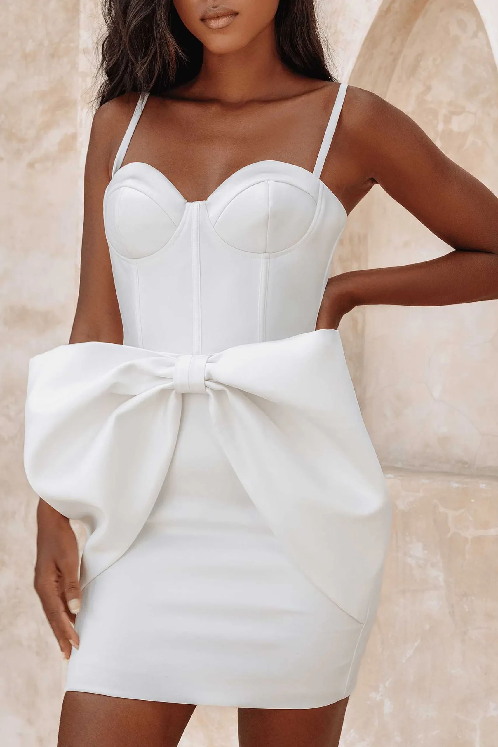 Michelle Extreme Bow Corset Detail Mini Dress In White Satin<Lavish Alice New