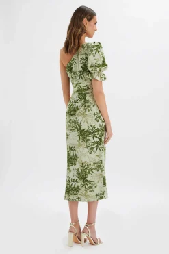 Nakia Asymmetric Puff Sleeve Midi Dress In Botanical Print<Lavish Alice Best