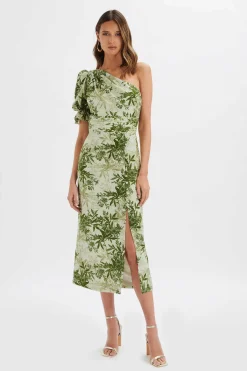 Nakia Asymmetric Puff Sleeve Midi Dress In Botanical Print<Lavish Alice Best