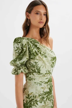 Nakia Asymmetric Puff Sleeve Midi Dress In Botanical Print<Lavish Alice Best