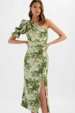 Nakia Asymmetric Puff Sleeve Midi Dress In Botanical Print<Lavish Alice Best
