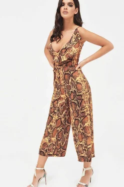 Nora Satin Frill Wrap Culotte Jumpsuit In Golden Yellow Snake Print<Lavish Alice Hot