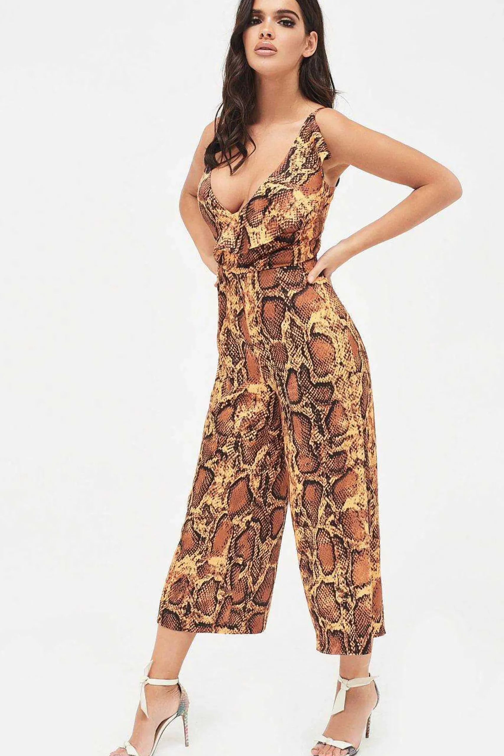 Nora Satin Frill Wrap Culotte Jumpsuit In Golden Yellow Snake Print<Lavish Alice Hot
