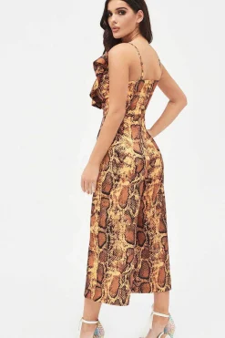 Nora Satin Frill Wrap Culotte Jumpsuit In Golden Yellow Snake Print<Lavish Alice Hot