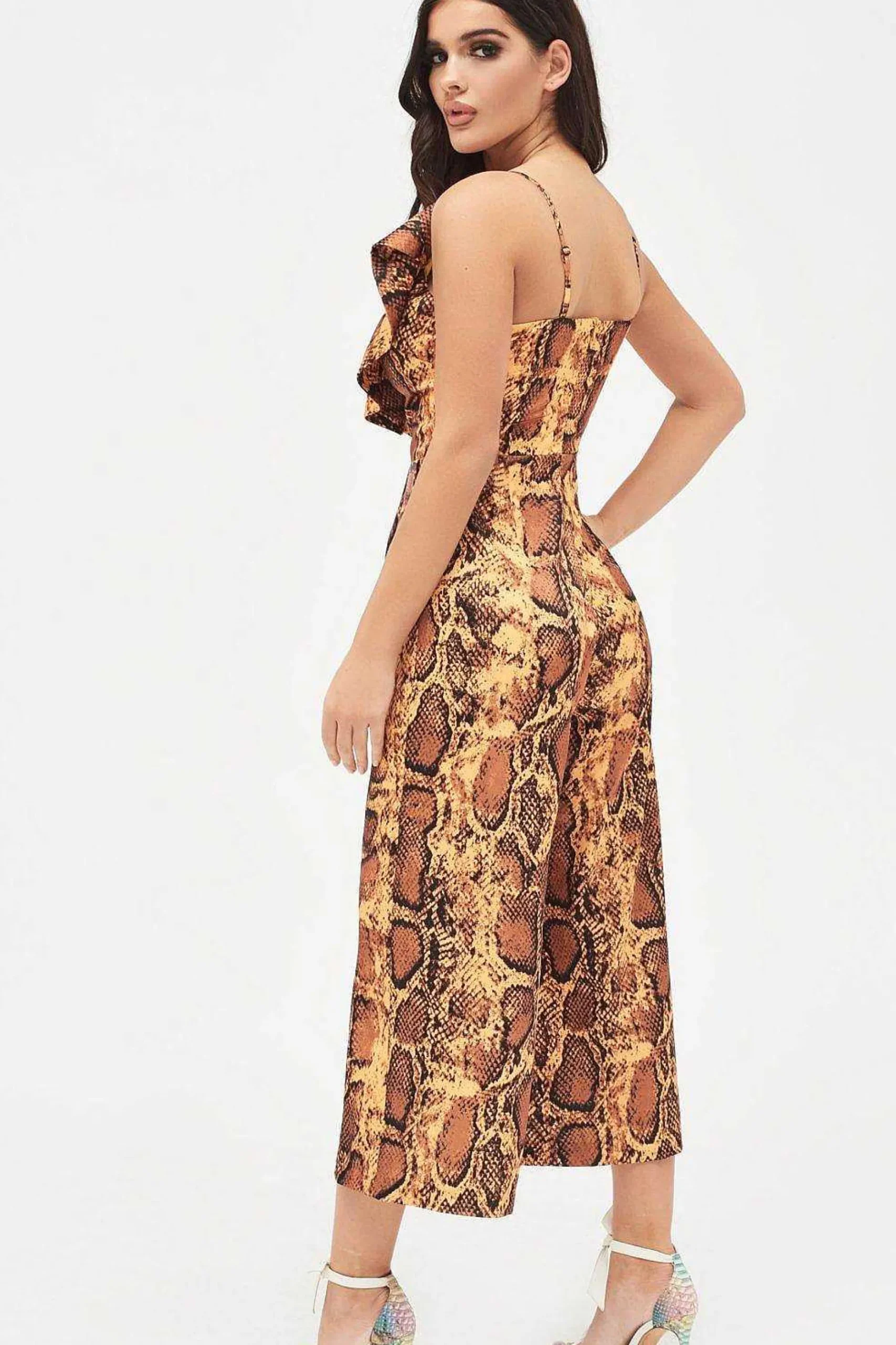 Nora Satin Frill Wrap Culotte Jumpsuit In Golden Yellow Snake Print<Lavish Alice Hot