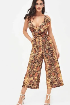 Nora Satin Frill Wrap Culotte Jumpsuit In Golden Yellow Snake Print<Lavish Alice Hot