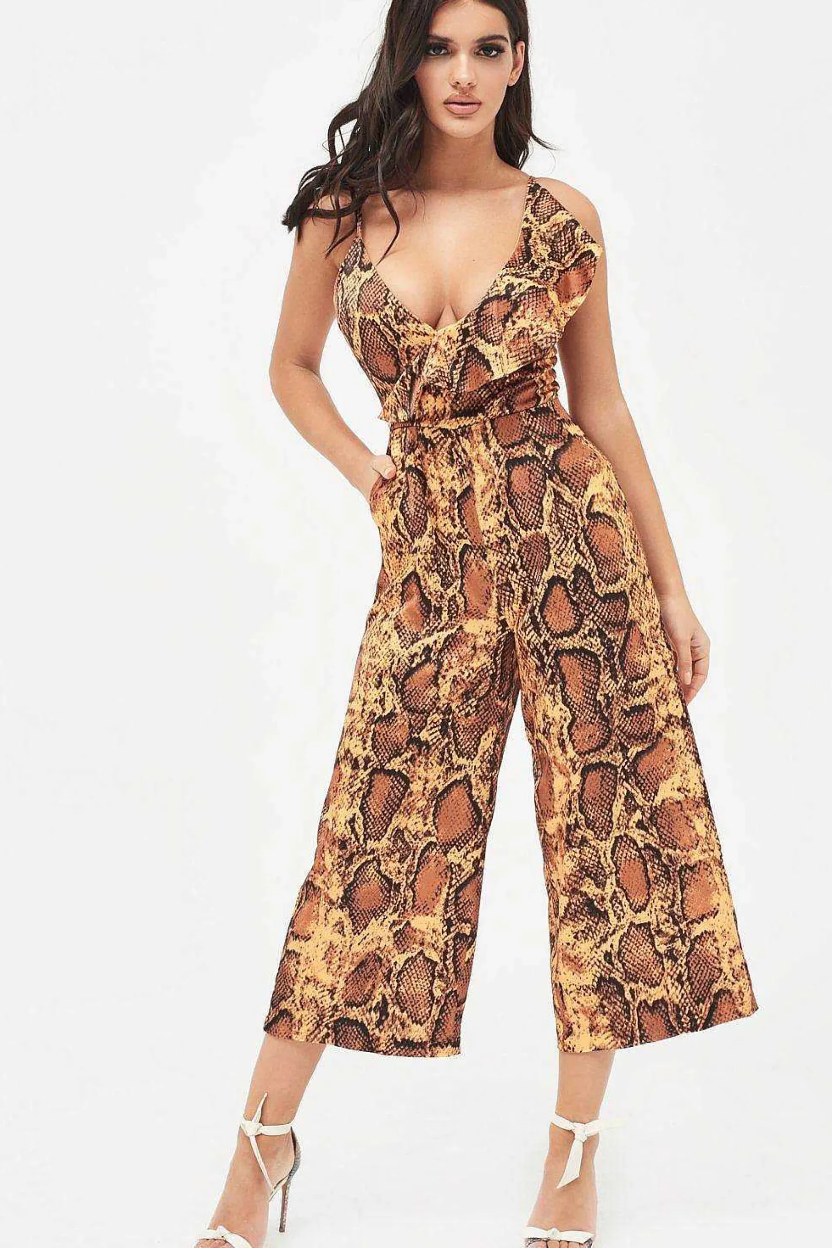 Nora Satin Frill Wrap Culotte Jumpsuit In Golden Yellow Snake Print<Lavish Alice Hot