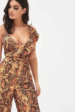 Nora Satin Frill Wrap Culotte Jumpsuit In Golden Yellow Snake Print<Lavish Alice Hot