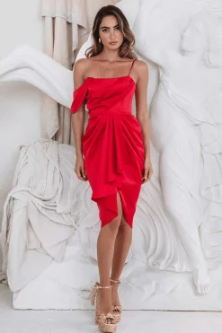 Noura Asymmetric Draped Satin Midi Dress In Red<Lavish Alice Outlet