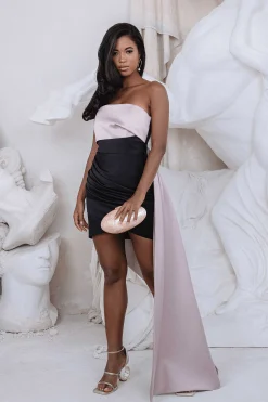 Olympia Extreme Drape Bandeau Satin Mini Dress In Black & Champagne<Lavish Alice Discount
