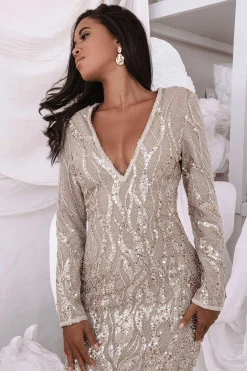 Ophelia Embellished Sequin Print Mini Dress In Gold<Lavish Alice Fashion