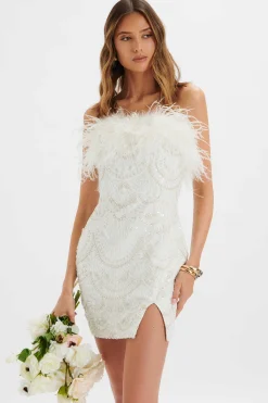 Orelia Embellished Mini Dress With Feather Trim In White<Lavish Alice Online