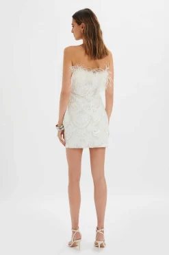 Orelia Embellished Mini Dress With Feather Trim In White<Lavish Alice Online