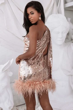 Orla One Shoulder Sequin Cape Mini Dress In Gold<Lavish Alice Fashion