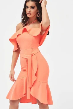 Paisley Bardot Frill Halterneck Midi Dress In Neon Coral<Lavish Alice Shop