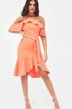 Paisley Bardot Frill Halterneck Midi Dress In Neon Coral<Lavish Alice Shop