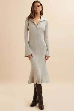 Parker Knitted Ribbed Fit & Flare Collared Dress In Stone<Lavish Alice Best Sale