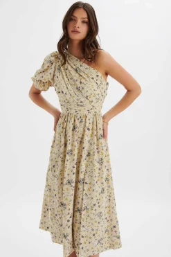 Polly One Shoulder Puff Sleeve Midi Dress In Floral Broidery<Lavish Alice Sale