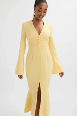 **Pre-Order** Salma Fluted Sleeve Longline Fishtail Midi Dress In Yellow<Lavish Alice Hot