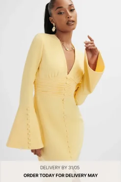 **Pre-Order** Salma Fluted Sleeve Longline Fishtail Midi Dress In Yellow<Lavish Alice Hot