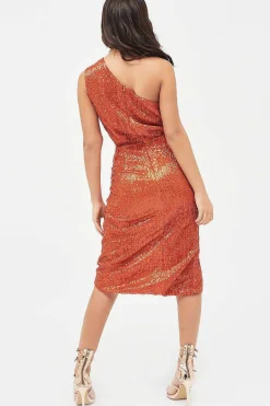 Quinn Pleated Sequin One Shoulder Cut Out Ruched Side Midi Dress In Orange<Lavish Alice Online