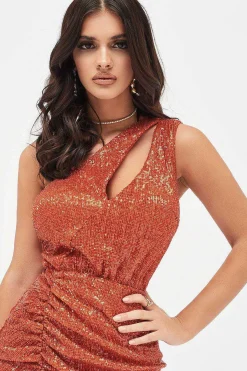 Quinn Pleated Sequin One Shoulder Cut Out Ruched Side Midi Dress In Orange<Lavish Alice Online