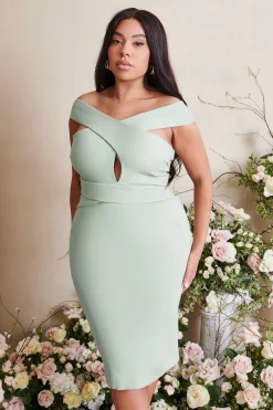 Raelynn Curve Off Shoulder Wrap Ponte Dress In Sage<Lavish Alice Cheap