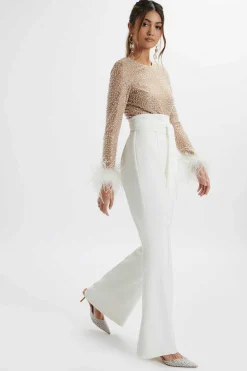 Raisa Pearl Embellished Feather Cuff Jumpsuit In White<Lavish Alice Fashion