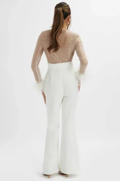 Raisa Pearl Embellished Feather Cuff Jumpsuit In White<Lavish Alice Fashion