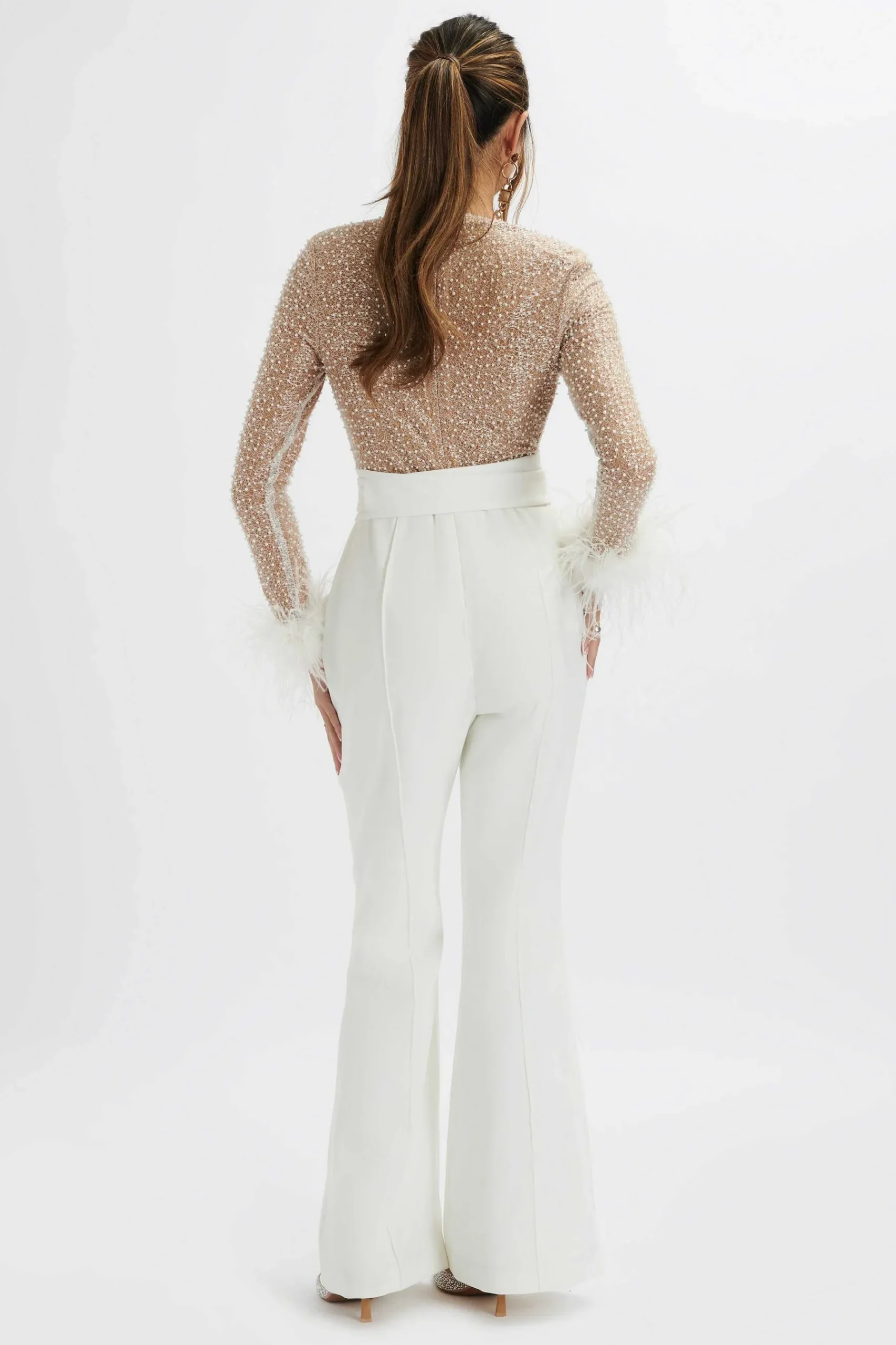Raisa Pearl Embellished Feather Cuff Jumpsuit In White<Lavish Alice Fashion