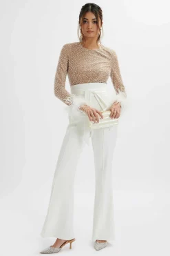 Raisa Pearl Embellished Feather Cuff Jumpsuit In White<Lavish Alice Fashion