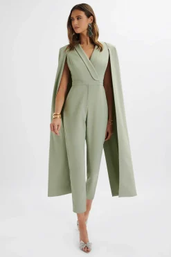 Rayna Longline Cape Tailored Jumpsuit In Sage Green<Lavish Alice Fashion