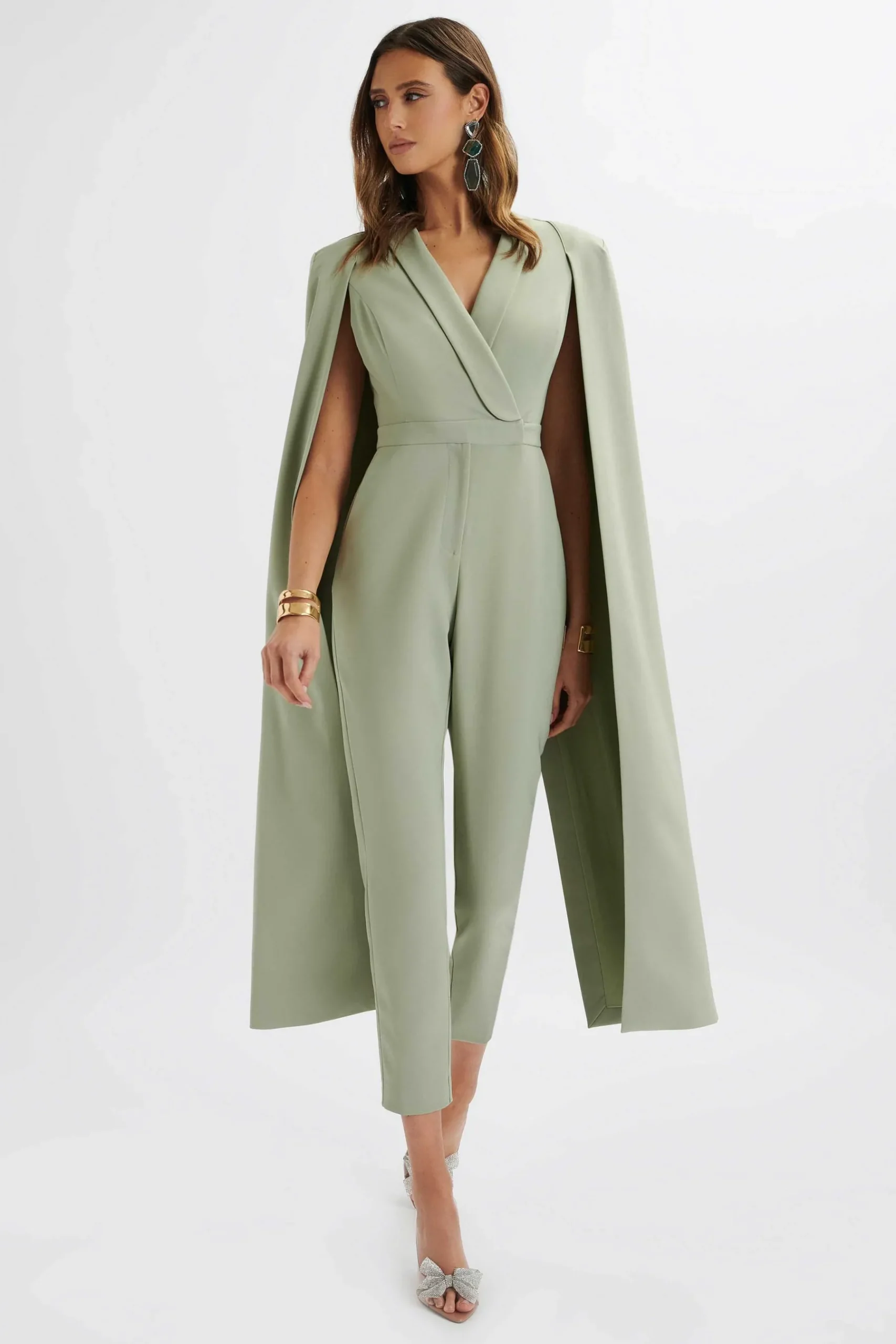 Rayna Longline Cape Tailored Jumpsuit In Sage Green<Lavish Alice Fashion