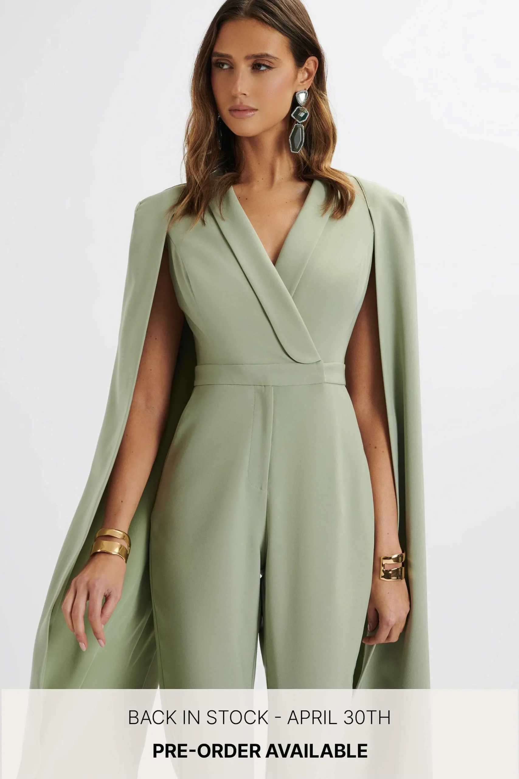 Rayna Longline Cape Tailored Jumpsuit In Sage Green<Lavish Alice Fashion