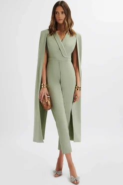 Rayna Longline Cape Tailored Jumpsuit In Sage Green<Lavish Alice Fashion