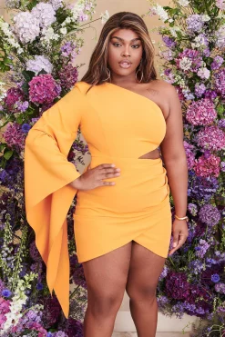 Riley Curve One Shoulder Cape Mini Dress In Mango Orange<Lavish Alice Best Sale