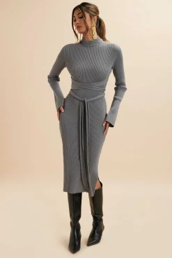 Romi Knitted Ribbed Open Back Sleeved Midi Dress In Grey<Lavish Alice Hot