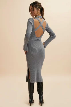 Romi Knitted Ribbed Open Back Sleeved Midi Dress In Grey<Lavish Alice Hot