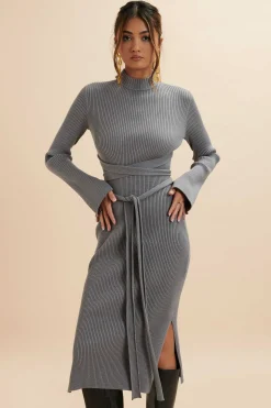 Romi Knitted Ribbed Open Back Sleeved Midi Dress In Grey<Lavish Alice Hot