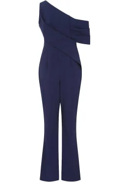 Rylie One Shoulder Pleat Detail Jumpsuit In Navy<Lavish Alice Fashion