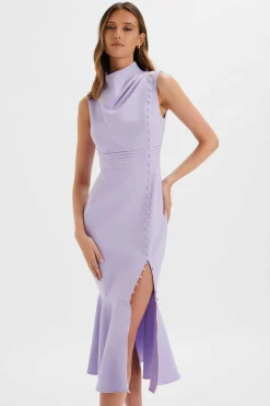 Saffron High Neck Micro Button Midi Dress In Lilac<Lavish Alice Store