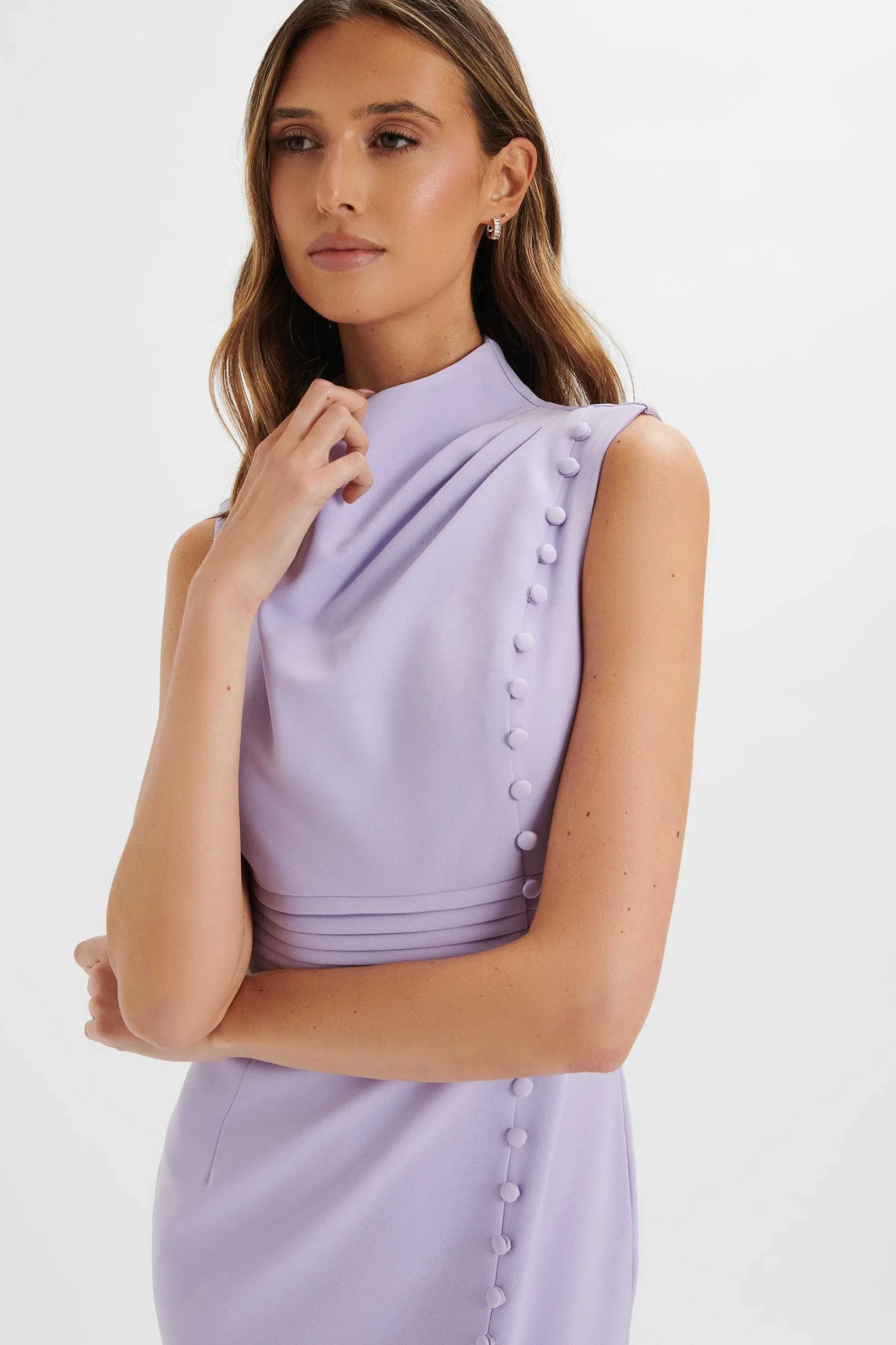 Saffron High Neck Micro Button Midi Dress In Lilac<Lavish Alice Store