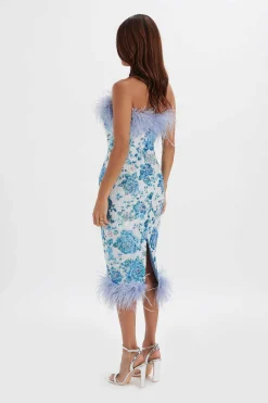 Sami Feather Bandeau Midi Dress In White And Blue Rose Sequin<Lavish Alice Shop