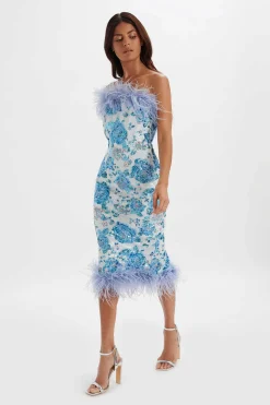 Sami Feather Bandeau Midi Dress In White And Blue Rose Sequin<Lavish Alice Shop