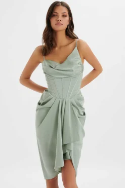 Selah Asymmetric Cowl Neck Draped Midi Dress In Sage<Lavish Alice Clearance